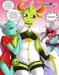 Size: 1500x1891 | Tagged: safe, artist:boastudio, derpibooru import, ocellus, spiracle, thorax, anthro, changedling, changeling, ><, blushing, breasts, clothes, eyebrows, eyes closed, female, frown, image, king thorax, male, mother and child, mother and daughter, mother's day, open mouth, open smile, png, school uniform, signature, smiling, speech bubble, trio, uniform