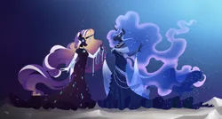 Size: 8221x4395 | Tagged: safe, artist:happypaca, derpibooru import, nightmare moon, nightmare rarity, alicorn, anthro, unicorn, absurd resolution, breasts, busty nightmare moon, busty nightmare rarity, choker, cleavage, clothes, commission, dress, duo, duo female, evening gloves, female, gloves, holding hands, image, jewelry, jpeg, long gloves, necklace, pearl necklace, wingless, wingless anthro