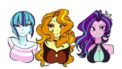 Size: 4994x2855 | Tagged: safe, artist:happypaca, derpibooru import, adagio dazzle, aria blaze, sonata dusk, human, equestria girls, alternate hairstyle, breasts, bust, busty adagio dazzle, busty aria blaze, busty sonata dusk, clothes, disguise, disguised siren, eyeshadow, female, high res, image, lipstick, looking at you, makeup, milf, off shoulder, png, simple background, sleeveless, smiling, the dazzlings, trio, trio female, white background