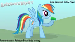 Size: 1920x1080 | Tagged: safe, artist:awesomebrony, derpibooru import, rainbow dash, pegasus, pony, 1920x1080, 2023, adobe illustrator, caption, date, dollar sign, female, hd, holding, image, mare, money, name, png, raised hoof, shadow, side view, simple background, smiling, solo, spread wings, standing, teeth, text, watermark, wings