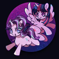 Size: 2048x2048 | Tagged: safe, artist:tkotu1, derpibooru import, starlight glimmer, twilight sparkle, twilight sparkle (alicorn), alicorn, pony, unicorn, cute, duo, eye clipping through hair, eyebrows, eyebrows visible through hair, female, glimmerbetes, high res, horn, image, jpeg, looking at you, mare, open mouth, open smile, smiling, smiling at you, sparkly eyes, spread wings, starry eyes, twiabetes, wingding eyes, wings