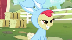 Size: 1280x720 | Tagged: safe, derpibooru import, screencap, apple bloom, pony, family appreciation day, animal costume, bunny bloom, bunny costume, clothes, costume, female, filly, foal, image, lidded eyes, out of context, png, smiling, solo