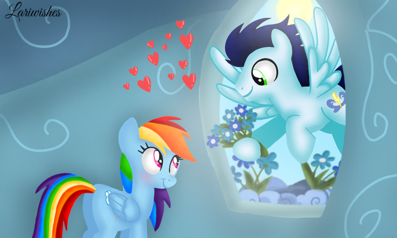 Size: 1200x720 | Tagged: safe, artist:mlplary6, derpibooru import, rainbow dash, soarin', pegasus, pony, blushing, female, flower, flying, heart, image, looking at each other, looking at someone, male, mare, png, rainbow dash's house, romantic, shipping, smiling, smiling at each other, soarindash, stallion, straight, sun, window