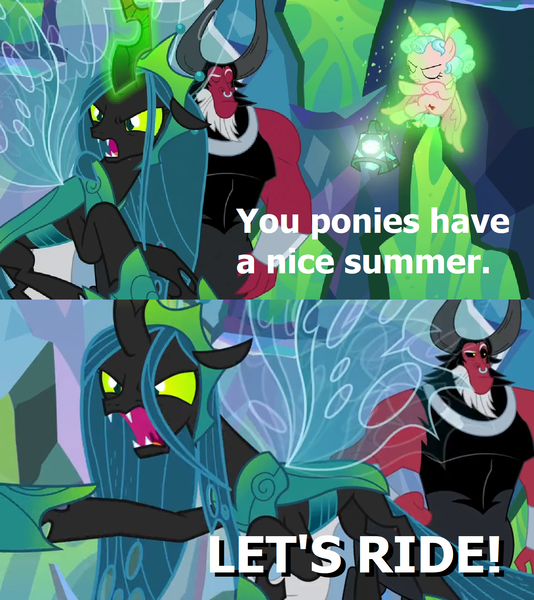 Size: 1280x1438 | Tagged: safe, derpibooru import, editor:incredibubbleirishguy, cozy glow, lord tirek, queen chrysalis, changeling, pony, the ending of the end, a bug's life, angry, bell, caption, female, filly, grogar's bell, image, image macro, male, meme, png, quote, reference, text