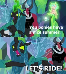 Size: 1280x1438 | Tagged: safe, derpibooru import, editor:incredibubbleirishguy, cozy glow, lord tirek, queen chrysalis, changeling, pony, the ending of the end, a bug's life, angry, bell, caption, female, filly, grogar's bell, image, image macro, male, meme, png, quote, reference, text