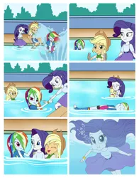 Size: 1024x1304 | Tagged: safe, derpibooru import, applejack, rainbow dash, rarity, equestria girls, boots, clothes, cowboy hat, cowgirl boots, hat, image, jpeg, shoes, splash, swimming, swimming pool, underwater, water, wet clothes
