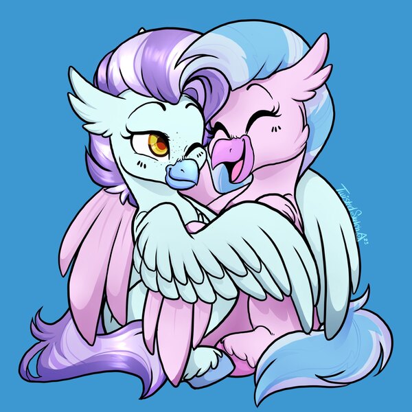Size: 2048x2048 | Tagged: safe, artist:twisted-sketch, derpibooru import, silverstream, oc, oc:ocean breeze (savygriffs), classical hippogriff, hippogriff, blushing, canon x oc, commission, cuddling, female, finished commission, hippogriff oc, hug, image, jpeg, lesbian, looking at each other, looking at someone, oceanstream, shipping, smiling, smiling at each other, winghug, wings