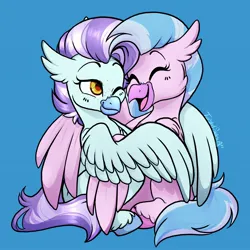 Size: 2048x2048 | Tagged: safe, artist:twisted-sketch, derpibooru import, silverstream, oc, oc:ocean breeze (savygriffs), classical hippogriff, hippogriff, blushing, canon x oc, commission, cuddling, female, finished commission, hippogriff oc, hug, image, jpeg, lesbian, looking at each other, looking at someone, oceanstream, shipping, smiling, smiling at each other, winghug, wings