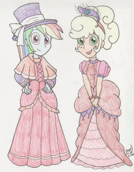 Size: 1089x1400 | Tagged: safe, artist:bageloftime, derpibooru import, applejack, rainbow dash, human, equestria girls, clothes, dress, humanized, image, jpeg, long dress, long skirt, skirt, western