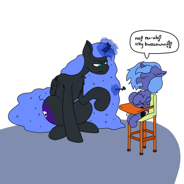 Size: 3508x3508 | Tagged: safe, artist:ponny, derpibooru import, nightmare moon, princess luna, alicorn, pony, baby talk, broccoli, chair, colored, disappointed, disapproval, female, filly, food, image, magic, png, simple background, speech bubble, telekinesis, text, transparent background, woona, younger