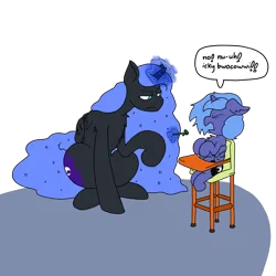 Size: 3508x3508 | Tagged: safe, artist:ponny, derpibooru import, nightmare moon, princess luna, alicorn, pony, baby talk, broccoli, chair, colored, disappointed, disapproval, female, filly, food, image, magic, png, simple background, speech bubble, telekinesis, text, transparent background, woona, younger