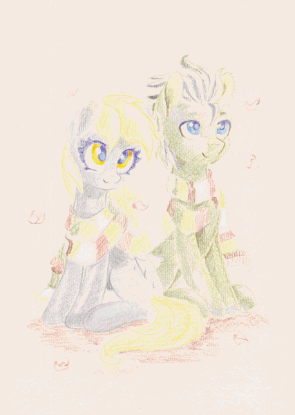 Size: 712x1000 | Tagged: safe, artist:maytee, derpibooru import, derpy hooves, doctor whooves, time turner, earth pony, pegasus, pony, animated, autumn, autumn leaves, blushing, clothes, colored pencil drawing, doctorderpy, duo, female, fourth doctor's scarf, gif, image, leaf, leaves, male, progress, scarf, shared clothing, shared scarf, shipping, straight, striped scarf, traditional art, wip