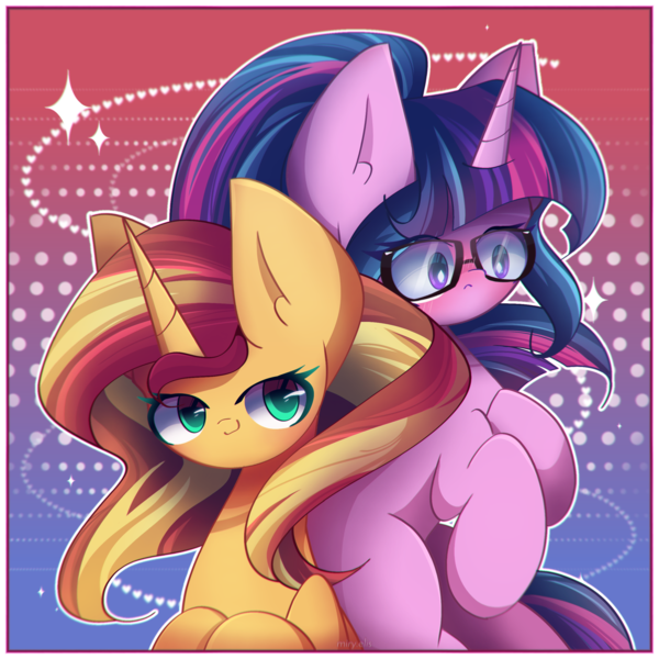 Size: 2400x2400 | Tagged: safe, artist:miryelis, derpibooru import, sci-twi, sunset shimmer, twilight sparkle, pony, unicorn, equestria girls, big ears, blushing, cute, female, glasses, gradient background, image, lesbian, long hair, png, scitwishimmer, shipping, smiling, sunsetsparkle