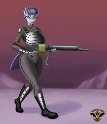 Size: 7680x8870 | Tagged: safe, artist:tsaritsaluna, derpibooru import, maud pie, anthro, earth pony, pony, alternate hairstyle, alternate timeline, apocalypse maud, armor, crystal war timeline, female, gun, image, looking at you, machine gun, mare, png, solo, weapon