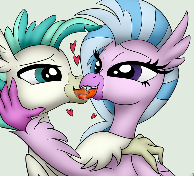 Size: 4200x3800 | Tagged: suggestive, artist:littlenaughtypony, derpibooru import, silverstream, terramar, hippogriff, brother and sister, drool, female, french kiss, heart, hippocest, image, incest, jpeg, kissing, male, open mouth, shipping, siblings, straight, tongue out