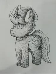 Size: 3456x4608 | Tagged: safe, artist:acid flask, derpibooru import, oc, oc:acid flask, pony, unicorn, zebra, zebracorn, 2d, crosshatch, curved horn, derpibooru exclusive, happy, high res, horn, image, ink, ink drawing, jpeg, long tail, looking sideways, looking to the left, looking up, male, picture, shading, short, sideways glance, smiling, solo, spiky mane, stallion, tail, traditional art, unicorn oc