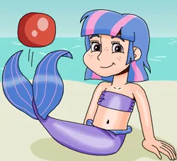 Size: 659x598 | Tagged: safe, artist:ocean lover, derpibooru import, wind sprint, human, mermaid, ball, bandeau, bare midriff, bare shoulders, beach, belly, belly button, buckball, child, cute, fins, fish tail, freckles, human coloration, humanized, image, looking at you, mermaid tail, mermaidized, mermay, midriff, ms paint, outdoors, png, sand, short hair, sitting, sky, sleeveless, smiling, smiling at you, species swap, tail, tail fin, water