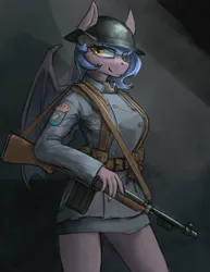 Size: 3165x4096 | Tagged: safe, artist:blvckmagic, derpibooru import, oc, oc:clair de lune, unofficial characters only, anthro, bat pony, pony, big breasts, breasts, clothes, female, foxhole(game), gun, helmet, image, jpeg, mare, military, military uniform, rifle, solo, uniform, weapon