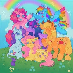 Size: 1440x1440 | Tagged: safe, artist:ariariari.png, derpibooru import, applejack, fluttershy, pinkie pie, rainbow dash, rarity, twilight sparkle, twilight sparkle (alicorn), alicorn, earth pony, pegasus, pony, unicorn, alternate cutie mark, alternate hairstyle, colored hooves, cowboy hat, food, freckles, grass, grass field, hairclip, hat, headband, hoofbump, image, jpeg, leonine tail, lying down, lying in grass, mane six, rainbow, sprinkles, tail, unshorn fetlocks