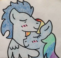 Size: 913x875 | Tagged: safe, artist:dragonpriness, derpibooru import, rainbow dash, soarin', pegasus, pony, blushing, eyes closed, female, image, jpeg, male, mare, shipping, snuggling, soarindash, stallion, straight