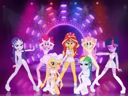 Size: 1024x768 | Tagged: safe, artist:gisbelleart, derpibooru import, applejack, fluttershy, pinkie pie, rainbow dash, rarity, sci-twi, sunset shimmer, twilight sparkle, human, equestria girls, g4, alternate hairstyle, arm behind head, armpits, arms raised, backstage, beautiful, beautisexy, blue eyeshadow, boots, braid, clothes, cyan eyeshadow, dancer, eyeshadow, female, females only, girlband, humane five, humane seven, humane six, idol, image, k-pop, lidded eyes, lights, looking at you, makeup, midriff, png, pose, seductive, seductive look, seductive pose, sexy, shoes, smiling, smiling at you, teenage applejack, teenage fluttershy, teenage girls, teenage pinkie pie, teenage rainbow dash, teenage rarity, teenage sci-twi, teenage sunset shimmer, teenage twilight sparkle, teenager, the rainbooms, white shoes