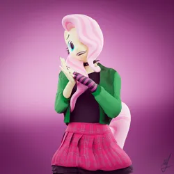 Size: 1920x1920 | Tagged: safe, artist:retro0range, derpibooru import, fluttershy, anthro, pegasus, pony, 3d, blender, choker, clothes, cute, draw this in your style, dtiys emoflat, evening gloves, female, fingerless elbow gloves, fingerless gloves, gloves, grin, hair over one eye, hands together, head tilt, image, jacket, long gloves, looking up, mare, png, simple background, skirt, smiling, solo, spiked choker, striped gloves, tail