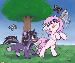 Size: 2244x1873 | Tagged: safe, artist:rivibaes, derpibooru import, oc, oc:kayla, oc:rivibaes, butterfly, earth pony, insect, pony, unicorn, female, filly, flower, flower in hair, horn, image, jewelry, net, png, tree