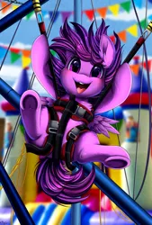 Size: 1926x2845 | Tagged: safe, artist:pridark, derpibooru import, oc, oc:emilia starsong, pegasus, pony, bouncing, bouncy castle, bungee cord, child, female, filly, foal, happy, harness, image, midair, pipes, png, ropes, single, tack, trampoline