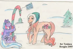 Size: 730x488 | Tagged: safe, artist:roogna, derpibooru import, toboggan (g3), earth pony, pony, g3, 2005, candy, candy cane, caught, christmas, christmas card, clothes, duo, duo female, eyebrows, female, food, holiday, hood, image, jpeg, mare, merry christmas, open mouth, outdoors, raised eyebrow, scarf, sitting, sno-glo, snow, tail, tongue out, traditional art, tree, unamused