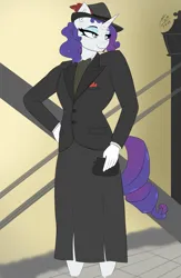 Size: 1300x2000 | Tagged: safe, artist:astrum, derpibooru import, rarity, anthro, unicorn, alternate hairstyle, clothes, coin purse, curvy, digital art, feathered hat, gloves, hand on hip, hat, image, jacket, lidded eyes, looking sideways, png, purse, raised shoulder, skirt, smiling, solo, suit