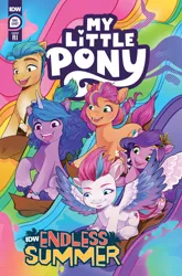 Size: 2063x3131 | Tagged: safe, derpibooru import, idw, official, hitch trailblazer, izzy moonbow, pipp petals, sunny starscout, zipp storm, earth pony, pegasus, pony, unicorn, g5, spoiler:comic, spoiler:g5, spoiler:g5comic, coat markings, comic cover, female, happy, high res, image, jpeg, male, mane five (g5), mare, my little pony logo, official comic, open mouth, open smile, rainbow background, smiling, socks (coat marking), stallion, surfing, unshorn fetlocks