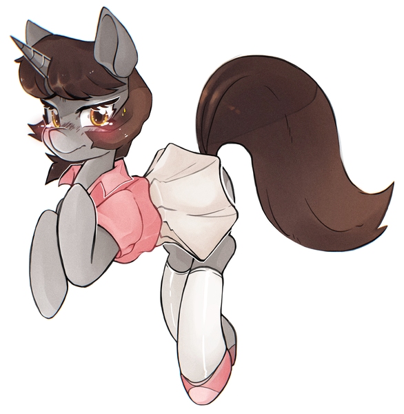 Size: 3941x4032 | Tagged: safe, artist:haichiroo, derpibooru import, oc, oc:silver bubbles, unofficial characters only, pony, unicorn, blushing, clothes, crossdressing, embarrassed, femboy, image, jpeg, male, miniskirt, skirt, sports, tennis