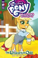 Size: 2063x3131 | Tagged: safe, artist:robin easter, derpibooru import, idw, official, applejack, earth pony, pony, spoiler:comic, apple, apple tree, applejack's hat, bow, clothes, comic cover, cowboy hat, dorothy gale, female, g4, hair bow, hat, high res, image, jpeg, mare, munchkin country, my little pony classics reimagined: the unicorn of odd, my little pony logo, official comic, overalls, oz, poppy, rearing, silver shoes, the unicorn of odd, the wizard of oz, tree, yellow brick road