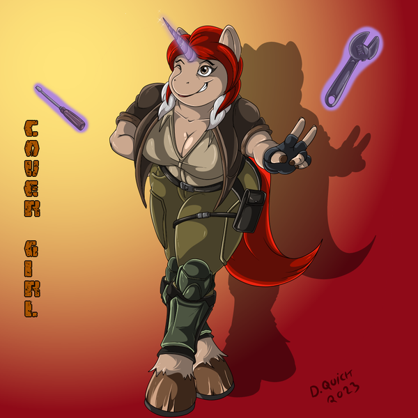 Size: 1000x1000 | Tagged: safe, artist:quicktron, derpibooru import, ponified, anthro, pony, unguligrade anthro, unicorn, anthrofied, bomber jacket, breasts, cleavage, clothes, cover girl, female, fingerless gloves, g.i. joe, gloves, glow, glowing horn, horn, image, jacket, magic, military uniform, one eye closed, peace sign, png, screwdriver, signature, smiling, solo, telekinesis, uniform, wink, wrench