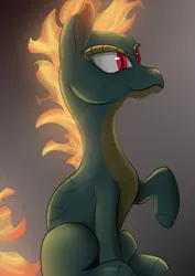 Size: 2894x4093 | Tagged: safe, artist:infy_ti, derpibooru import, dragon, hybrid, longma, them's fightin' herds, community related, derpibooru exclusive, female, fire, image, mane on fire, png, sitting, solo, tail, tail of fire, tianhuo (tfh)