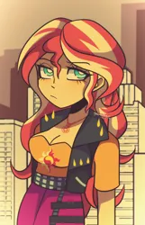Size: 570x886 | Tagged: safe, artist:granatty, derpibooru import, sunset shimmer, equestria girls, breasts, busty sunset shimmer, city, cityscape, cleavage, female, frown, geode of empathy, image, magical geodes, png, signature, solo