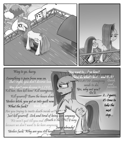 Size: 2200x2519 | Tagged: semi-grimdark, artist:chopsticks, derpibooru import, pinkie pie, pony, comic:wtb is this?, balcony, cheek fluff, chest fluff, cloud, comic, crying, dialogue, fangs, female, gradient background, image, looking down, mare, monochrome, open mouth, overhead view, pinkamena diane pie, png, schizophrenia, self loathing, sketch, solo, suicidal, text, unshorn fetlocks, vulgar