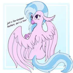 Size: 1800x1800 | Tagged: suggestive, artist:darkgred, derpibooru import, silverstream, classical hippogriff, hippogriff, behaving like a bird, birb, butt, female, image, png, simple background, sitting, solo, streambutt, wings