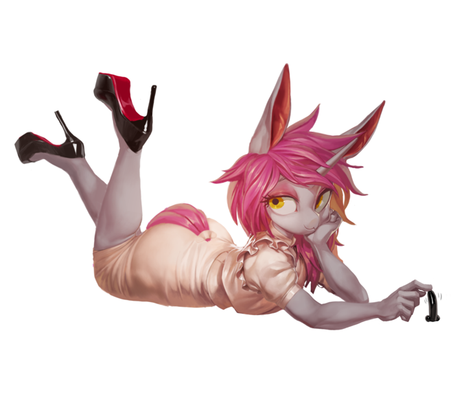 Size: 5600x4968 | Tagged: questionable, artist:derekireba, derpibooru import, oc, oc:silver bubbles, unofficial characters only, anthro, plantigrade anthro, unicorn, alternate hair color, clothes, corset, dildo, dress, dyed hair, dyed mane, dyed tail, eyebrows, eyelashes, femboy, high heels, hobble skirt, horn, image, looking over shoulder, male, platform heels, png, sex toy, shoes, simple background, tail, unicorn oc, white background