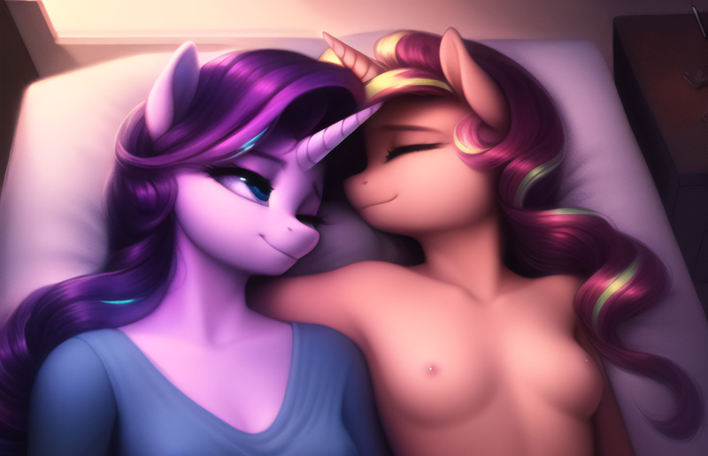 Size: 3072x1983 | Tagged: questionable, derpibooru import, machine learning generated, novelai, stable diffusion, starlight glimmer, sunset shimmer, anthro, unicorn, adorasexy, ai content, bed, bedroom, breasts, clothes, cuddling, cute, duo, duo female, eyes closed, female, high res, horn, image, indoors, jpeg, lesbian, lying down, nipples, nudity, on back, on bed, one eye closed, partial nudity, prompter:endless--, sexy, shimmerglimmer, shipping, shirt, sleeping, small breasts, snuggling, topless