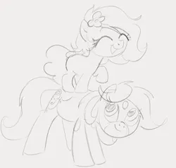Size: 981x934 | Tagged: safe, artist:dotkwa, derpibooru import, oc, oc:deary dots, oc:kayla, unofficial characters only, earth pony, pony, duo, explicit source, eyes closed, female, filly, flower, flower in hair, foal, gray background, grayscale, image, looking up, mare, monochrome, open mouth, open smile, png, ponies riding ponies, riding, simple background, sketch, smiling