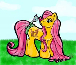 Size: 576x496 | Tagged: safe, artist:sakuracross, derpibooru import, baby katie, butterfly, insect, pony, g1, bow, image, jpeg, solo, tail, tail bow