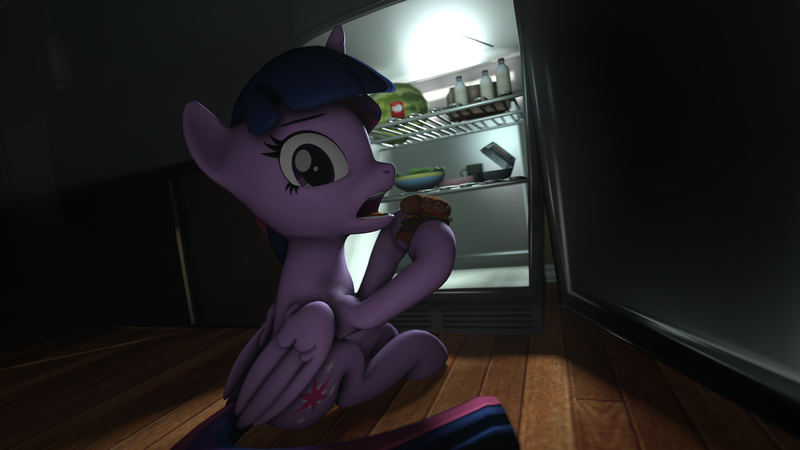 Size: 3840x2160 | Tagged: safe, artist:darkad8000, derpibooru import, twilight sparkle, twilight sparkle (alicorn), alicorn, pony, burger, eating, female, food, hamburger, image, looking at you, mare, midnight snack, night, png, refrigerator, sitting, solo