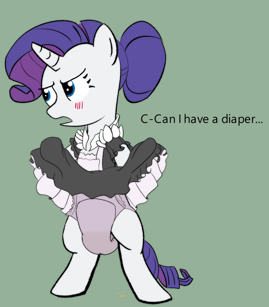 Size: 832x951 | Tagged: questionable, artist:drasill, derpibooru import, rarity, bipedal, blushing, clothes, dialogue, diaper, diaper fetish, fetish, image, maid, offscreen character, png, pullup (diaper), solo, urine, wet diaper