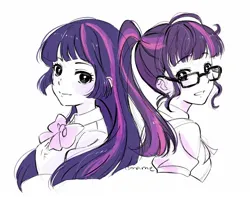 Size: 1536x1212 | Tagged: safe, artist:5mmumm5, derpibooru import, sci-twi, twilight sparkle, human, equestria girls, back to back, duo, duo female, female, glasses, human paradox, image, jpeg, self paradox, twolight