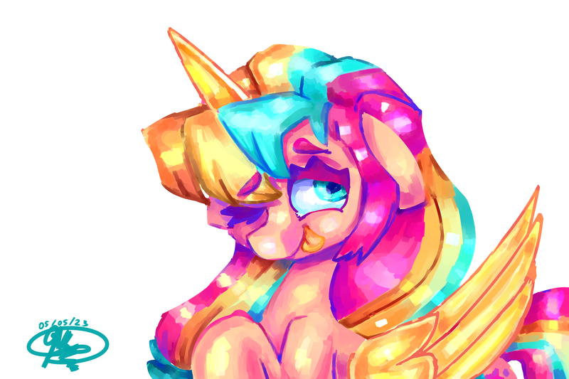 Size: 3600x2400 | Tagged: safe, alternate version, artist:mannybcadavera, derpibooru import, sunny starscout, alicorn, earth pony, pony, g5, my little pony: a new generation, eyebrows, eyebrows visible through hair, female, floppy ears, high res, image, mare, one eye closed, png, race swap, signature, simple background, smiling, solo, sunnycorn, tongue out, white background