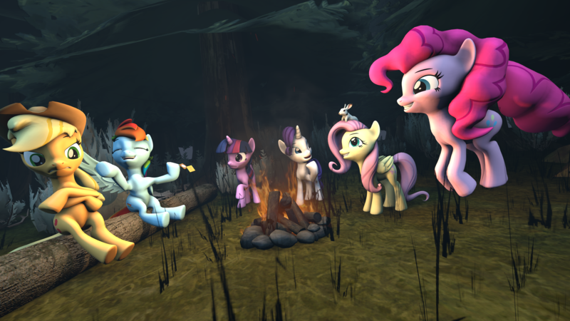 Size: 3840x2160 | Tagged: safe, artist:darkad8000, derpibooru import, applejack, fluttershy, pinkie pie, rainbow dash, rarity, twilight sparkle, twilight sparkle (alicorn), alicorn, earth pony, pegasus, pony, rabbit, unicorn, 3d, angry, animal, campfire, camping, fire, food, forest, happy, image, laughing, mane six, png, smiling, source filmmaker, tree
