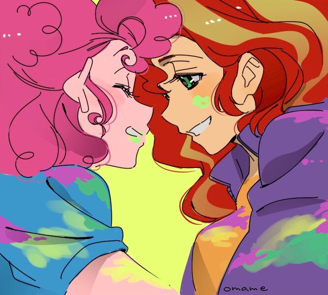 Size: 878x790 | Tagged: safe, artist:5mmumm5, derpibooru import, pinkie pie, sunset shimmer, equestria girls, duo, duo female, female, image, jpeg, lesbian, looking at each other, looking at someone, paint stains, shipping, side view, smiling, smiling at each other, sunsetpie