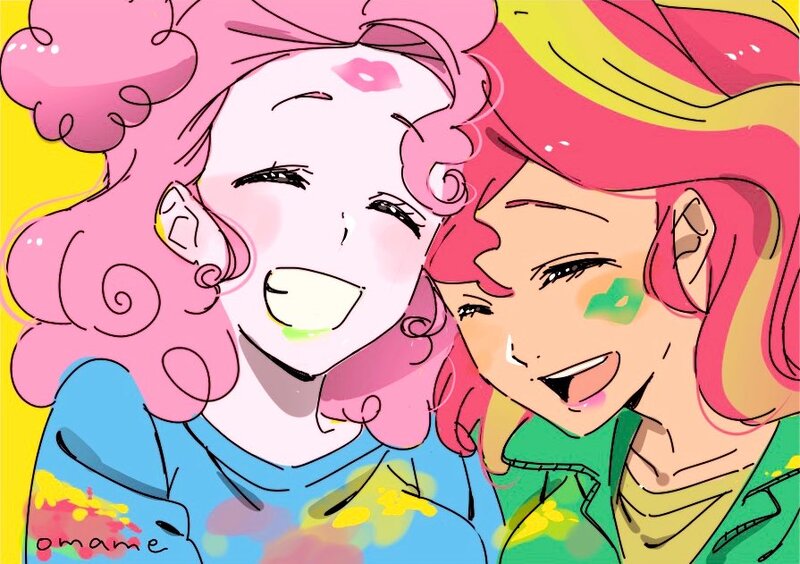 Size: 895x631 | Tagged: safe, artist:5mmumm5, derpibooru import, pinkie pie, sunset shimmer, equestria girls, duo, duo female, female, image, jpeg, kiss mark, laughing, lesbian, lipstick, paint stains, shipping, simple background, smiling, sunsetpie, yellow background