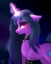 Size: 1623x2048 | Tagged: safe, artist:petaltwinkle, derpibooru import, izzy moonbow, pony, unicorn, g5, choker, ear piercing, earring, female, floppy ears, glow, glowing horn, goth, goth izzy, horn, image, jewelry, jpeg, lidded eyes, long mane, looking at you, mare, piercing, smiling, smiling at you, solo